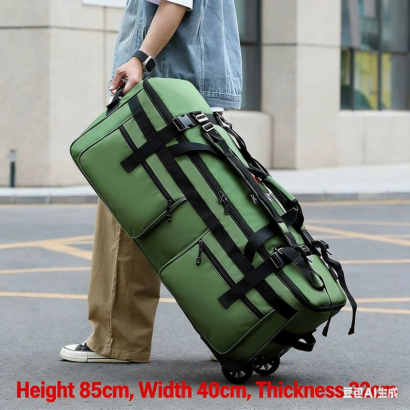 Mochila de Viagem Grande Capacidade 90/110L Dobrável com Rodas e Cinto, Bolsa de Transporte Multifuncional, Mala Resistente ao Desgaste