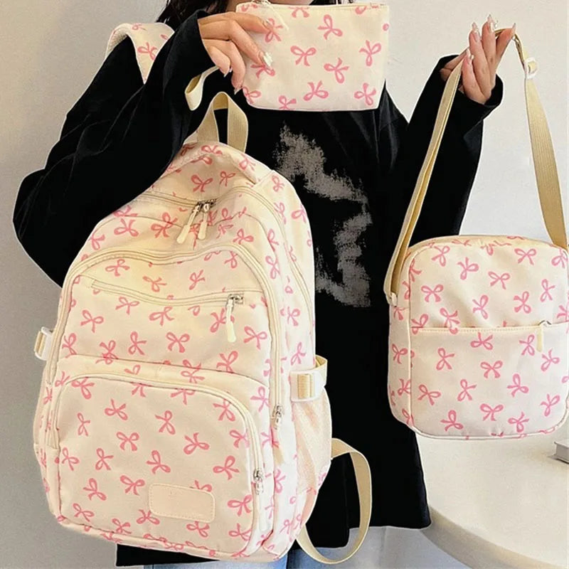 3 pçs conjunto bonito grande capacidade mochila coreano moda arco impressão saco sacos de náilon estudante mochila alça ajustável mochila viagem