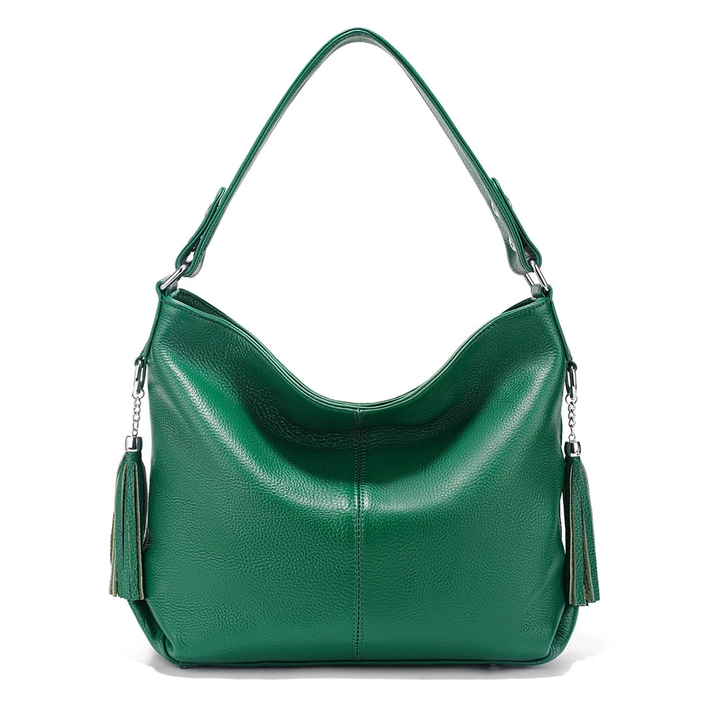 Zency 2026 Nova Moda Bolsa Feminina de Couro Genuíno Macio com Borla Elegante Bolsa Hobo de Ombro para Mulheres Bolsa Transversal Carteira Tiracolo