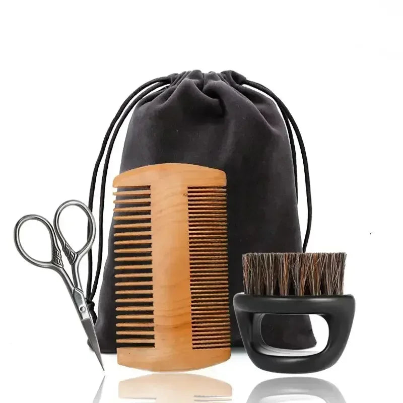 Profissional macio cerdas de javali madeira escova barba cabeleireiro escova de barbear pente masculino bigode pente kit com saco de presente conjunto pente de cabelo