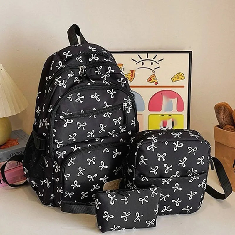3 pçs conjunto bonito grande capacidade mochila coreano moda arco impressão saco sacos de náilon estudante mochila alça ajustável mochila viagem