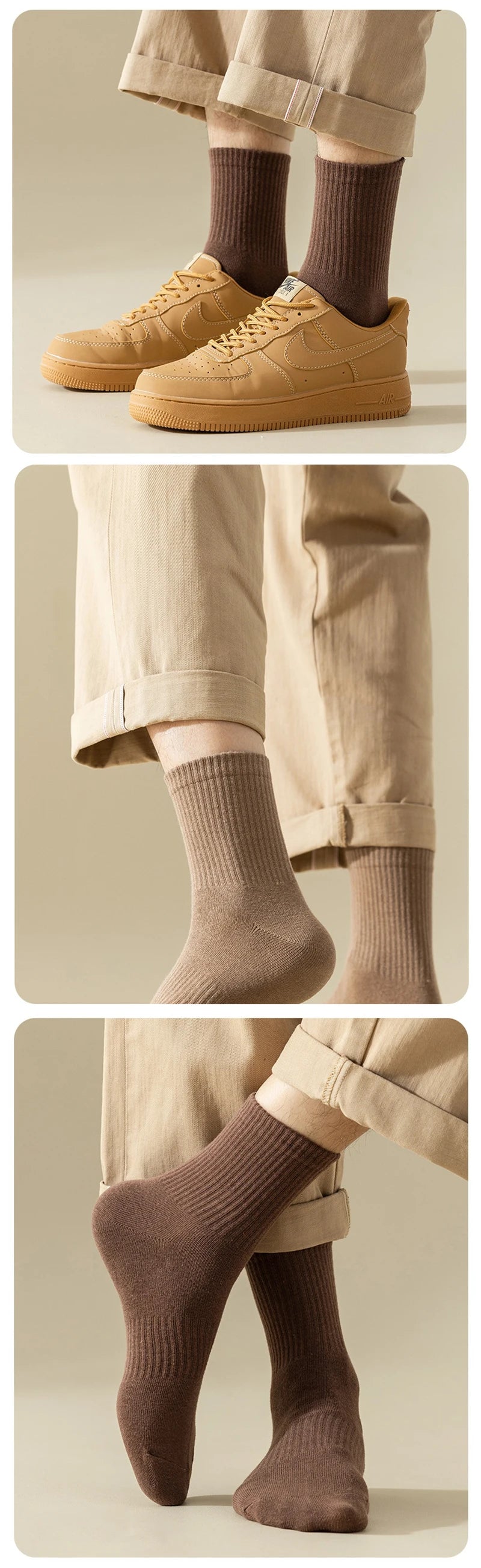 Meias masculinas retro cor sólida café branco cáqui bege respirável meias de algodão casual esporte na moda moda tubo médio meia longa