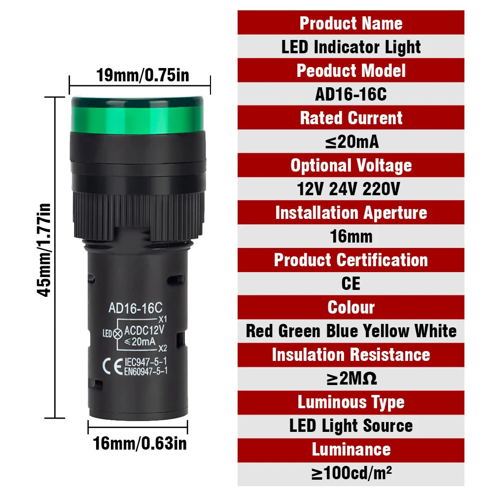 1pc 16mm Panel Mount Signal Indicator Light LED Blue Green Red White Yellow Pilot Lamp AC DC 12V 24V 220V AD16-16C