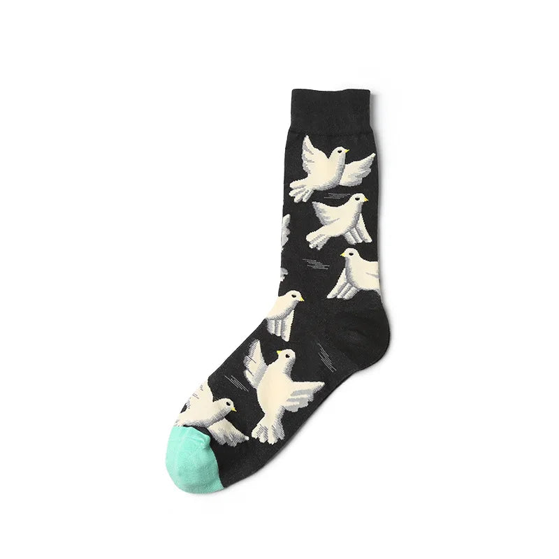 1 par de meias de arte, meias masculinas e femininas de algodão, meias engraçadas de casal, flor, pássaro, meias longas e coloridas