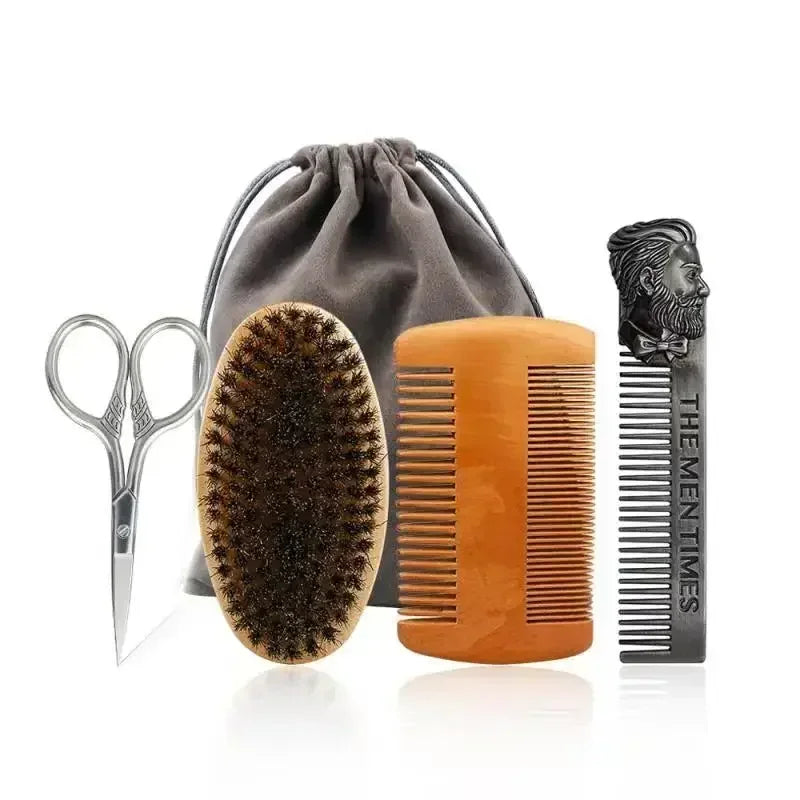 Profissional macio cerdas de javali madeira escova barba cabeleireiro escova de barbear pente masculino bigode pente kit com saco de presente conjunto pente de cabelo
