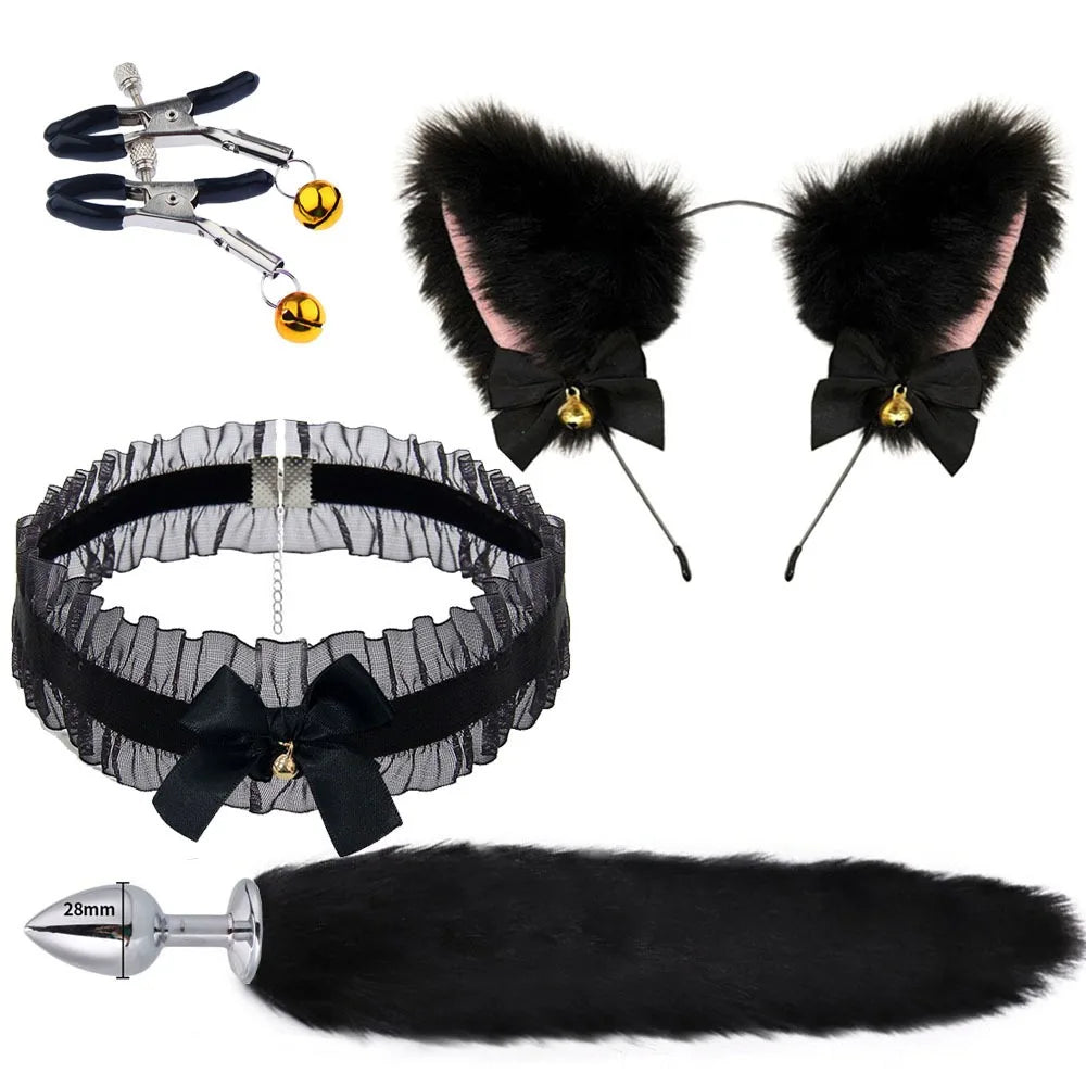 Bonito raposa cauda anal plug arco-nó macio orelhas de gato headbands colar erótico cosplay casais acessórios sm brinquedos sexuais para o sexo feminino masculino