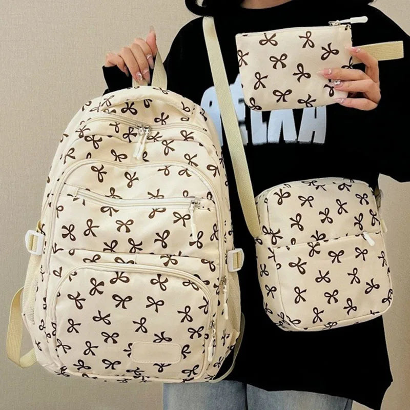 3 pçs conjunto bonito grande capacidade mochila coreano moda arco impressão saco sacos de náilon estudante mochila alça ajustável mochila viagem