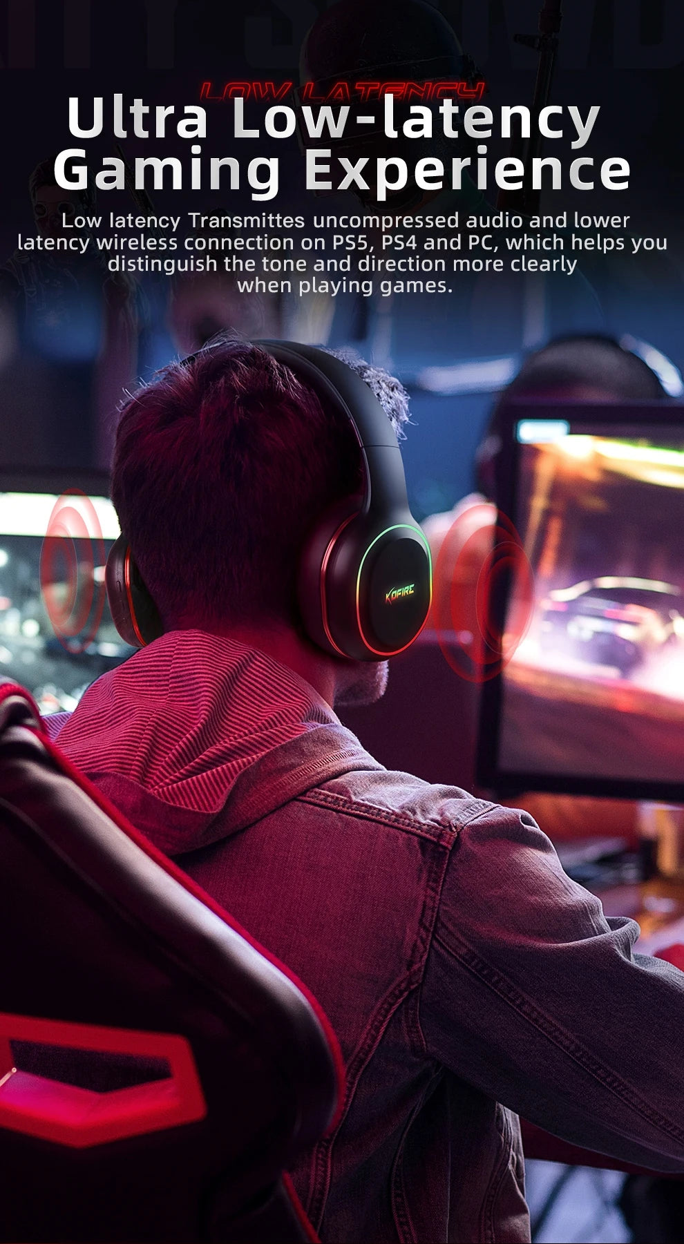 Kofire UG-05 fones de ouvido para jogos 2.4g bt5.0 fone de ouvido sem fio com microfone rbg luz vibração bluetooth fone de ouvido para ps4 ps5 pc switch