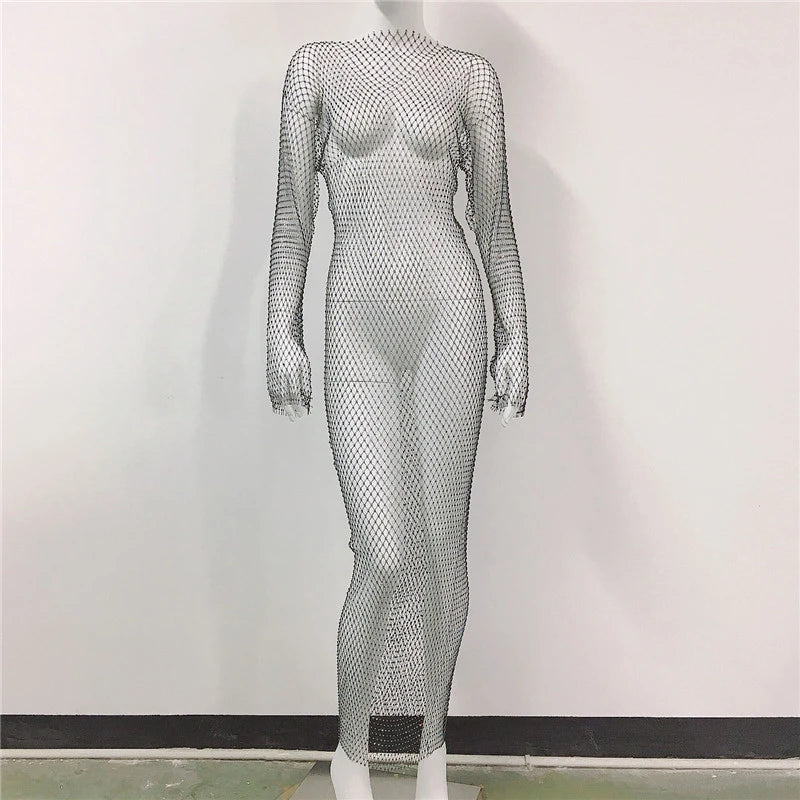 Sexy Women's 2023 Summer Shiny Diamond Crystal Temperament Hip Bag Sling Long Beach Dress Fashion Trend Mesh Fishnet Party