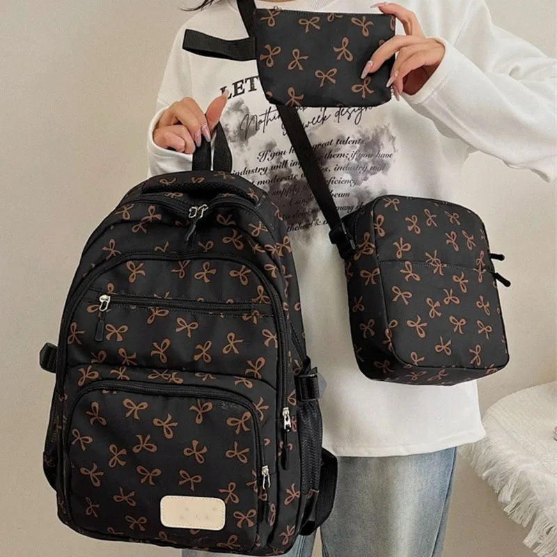 3 pçs conjunto bonito grande capacidade mochila coreano moda arco impressão saco sacos de náilon estudante mochila alça ajustável mochila viagem