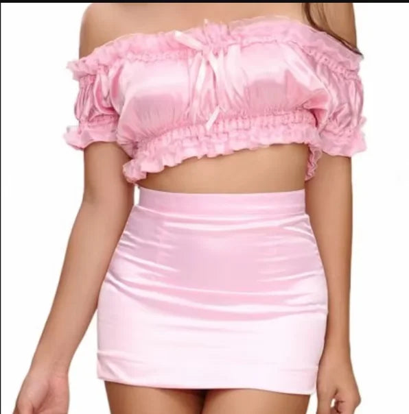 Multicolorido moda adulto sexy menina rosa cetim cinta superior sissy vestido forro role play menina maquiagem bola empregada personalização