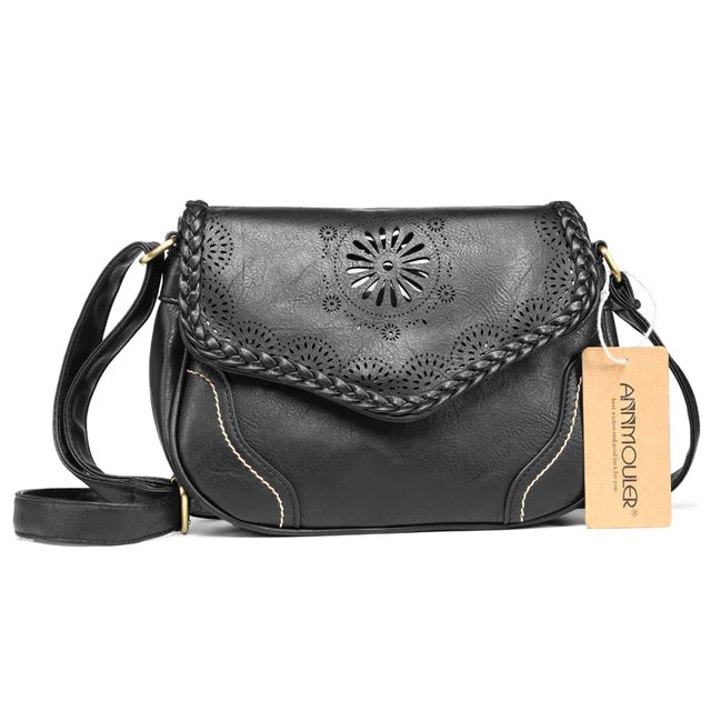 Annmouler marca feminina bolsa de ombro vintage couro do plutônio crossbody saco oco para fora senhoras bolsa marrom retro bolsa para meninas
