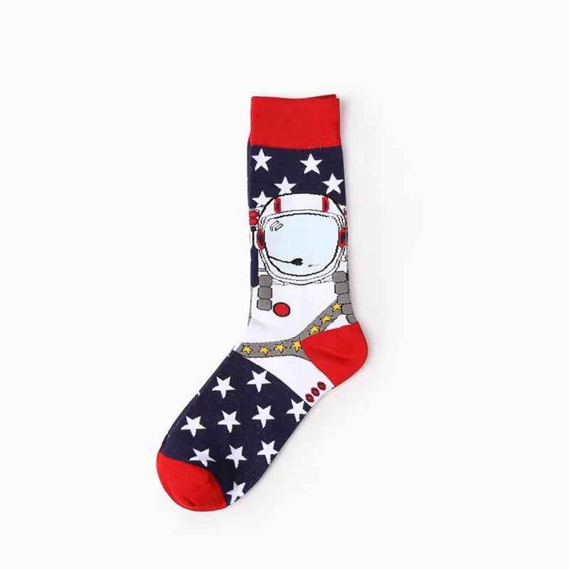 1 par de meias de arte, meias masculinas e femininas de algodão, meias engraçadas de casal, flor, pássaro, meias longas e coloridas