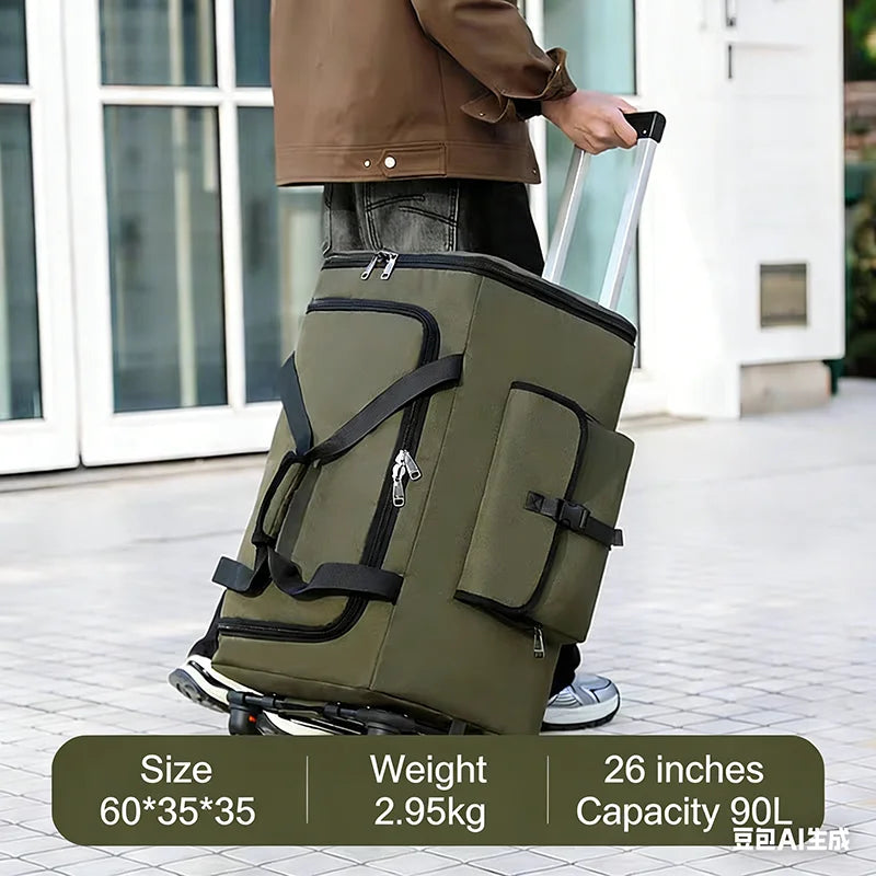 Mochila de Viagem Grande Capacidade 90/110L Dobrável com Rodas e Cinto, Bolsa de Transporte Multifuncional, Mala Resistente ao Desgaste