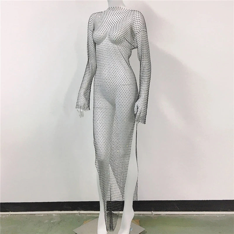 Sexy Women's 2023 Summer Shiny Diamond Crystal Temperament Hip Bag Sling Long Beach Dress Fashion Trend Mesh Fishnet Party