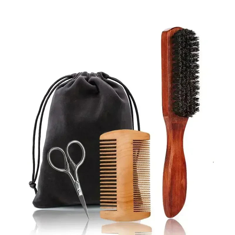 Profissional macio cerdas de javali madeira escova barba cabeleireiro escova de barbear pente masculino bigode pente kit com saco de presente conjunto pente de cabelo
