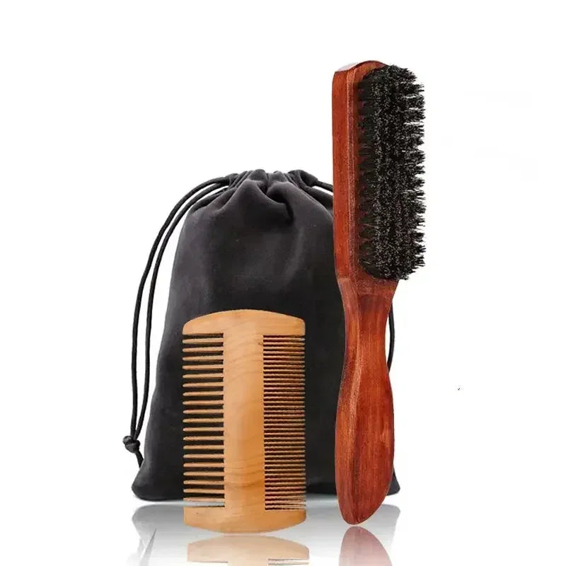 Profissional macio cerdas de javali madeira escova barba cabeleireiro escova de barbear pente masculino bigode pente kit com saco de presente conjunto pente de cabelo