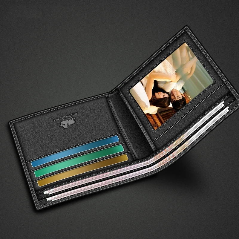 Bison denim homens carteiras de couro genuíno marca de luxo rfid bifold carteira zipper bolsa de moedas titular do cartão de visita carteira n4470