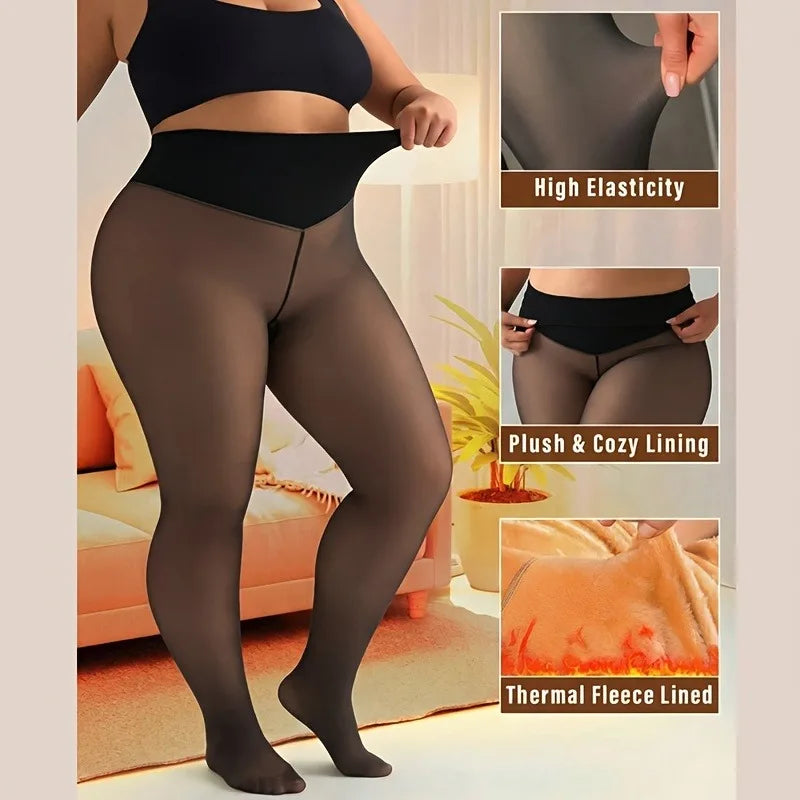 Nova Calça Legging Térmica Modeladora Preta Sexy com Forro de Lã e Efeito Translúcido, Meia-Calça Transparente de Lã, Tamanhos Grandes - Coleção 2026