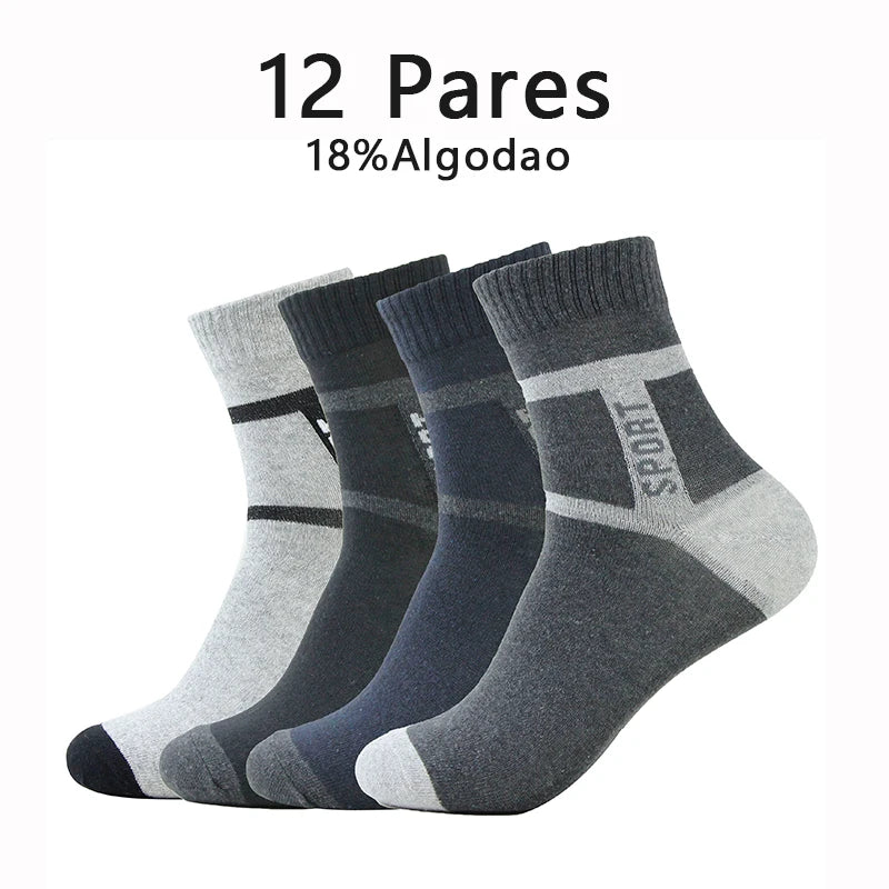 12 Pares, Meias Masculinas de Algodão, Respiráveis, Contendo Algodão, Meias Esportivas de Cano Médio, Verão, Secagem Rápida