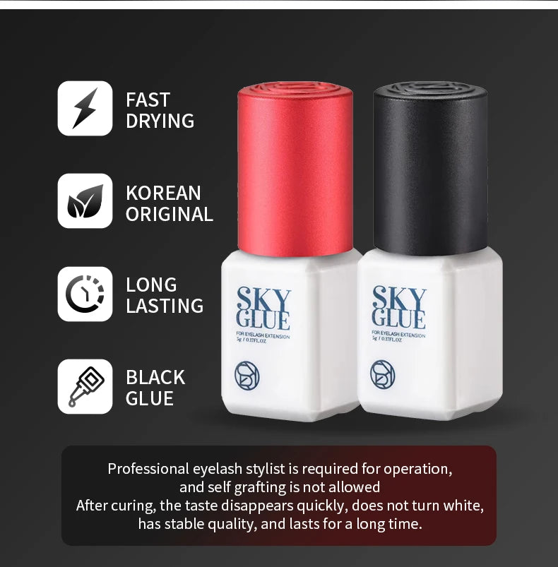 1 garrafa de cola sky para extensões de cílios 5ml original sky s + preto vermelho azul tampa cola de cílios postiços céu td fornecedor de cola transparente