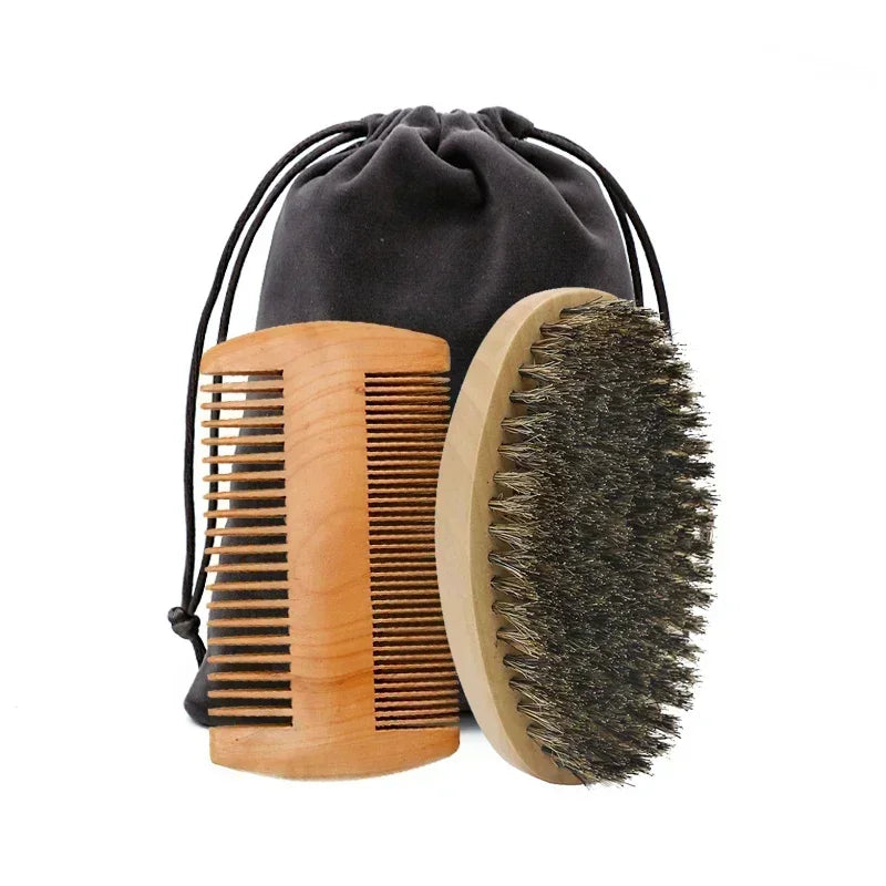 Profissional macio cerdas de javali madeira escova barba cabeleireiro escova de barbear pente masculino bigode pente kit com saco de presente conjunto pente de cabelo