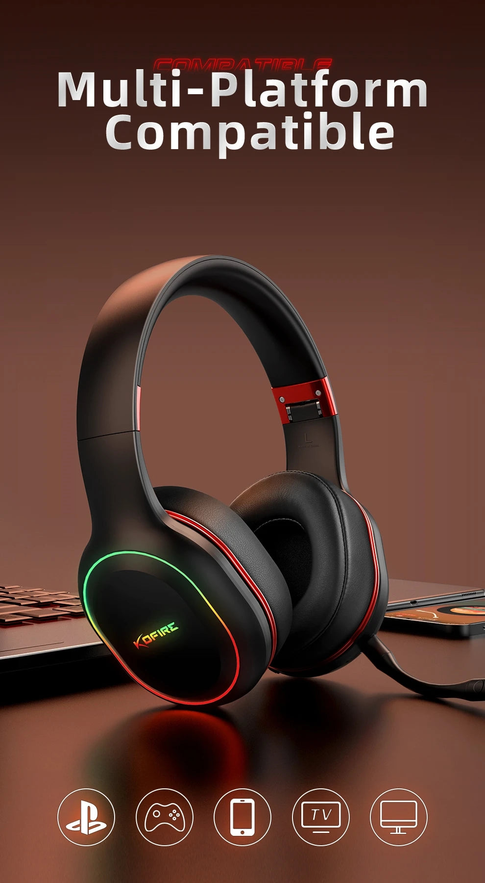 Kofire UG-05 fones de ouvido para jogos 2.4g bt5.0 fone de ouvido sem fio com microfone rbg luz vibração bluetooth fone de ouvido para ps4 ps5 pc switch