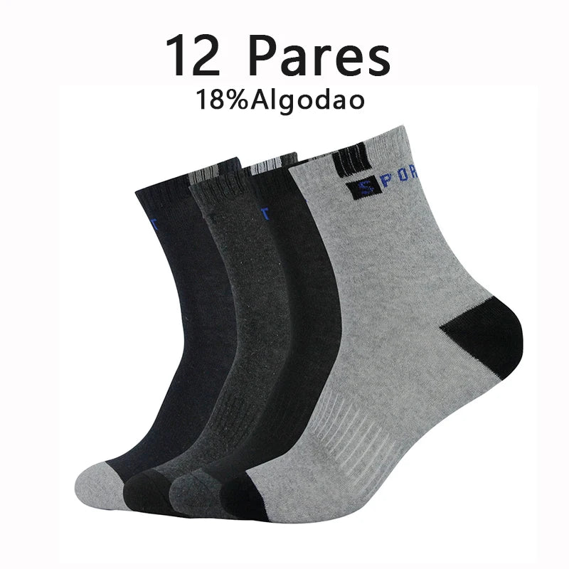 12 Pares, Meias Masculinas de Algodão, Respiráveis, Contendo Algodão, Meias Esportivas de Cano Médio, Verão, Secagem Rápida