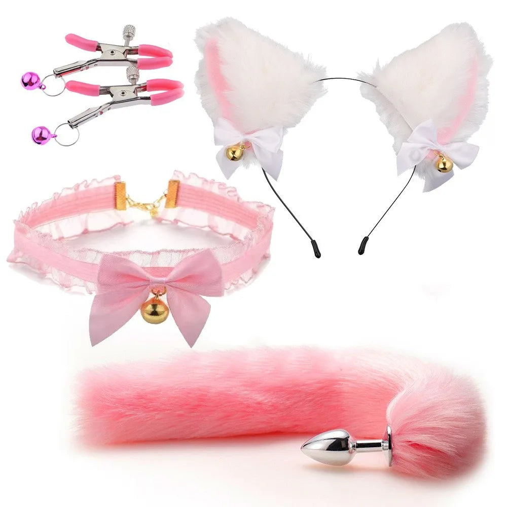 Bonito raposa cauda anal plug arco-nó macio orelhas de gato headbands colar erótico cosplay casais acessórios sm brinquedos sexuais para o sexo feminino masculino
