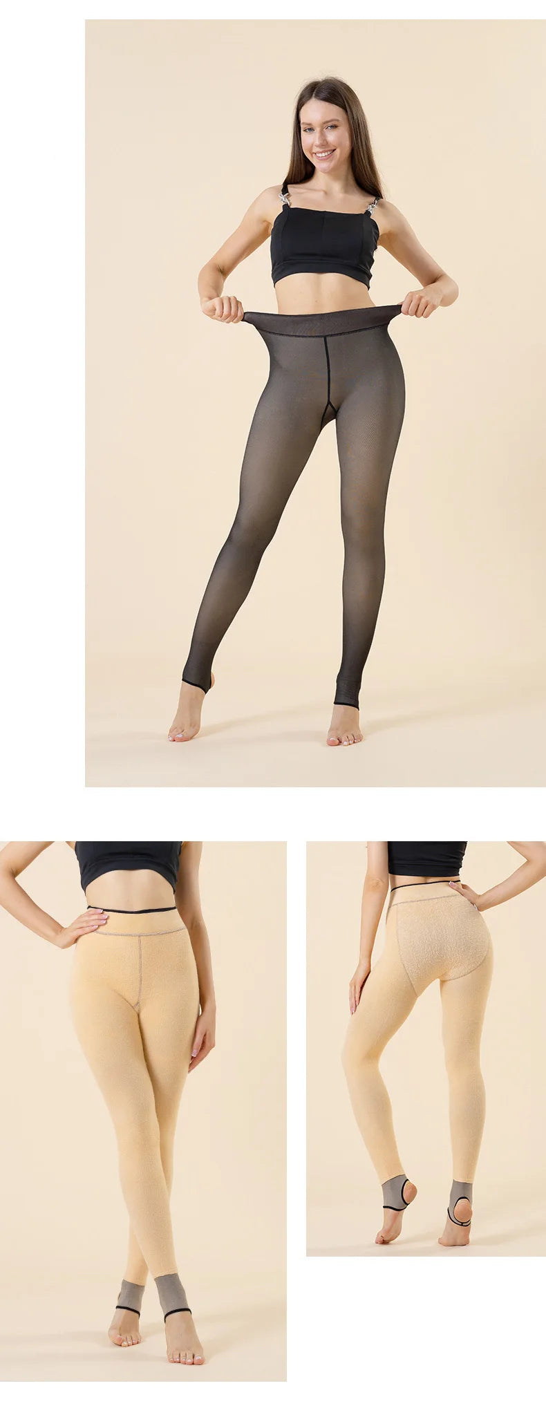Meias térmicas femininas forradas de lã, quentes, inverno, cintura alta, sexy, translúcido, preto, legging térmica, mulheres