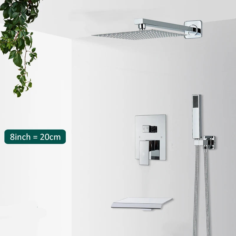 Quyanre Wall Mount Waterfall Shower Faucet Set, Bathroom, Rain, Hidden Chrome, Shower System, Bathtub, Mixer Tap