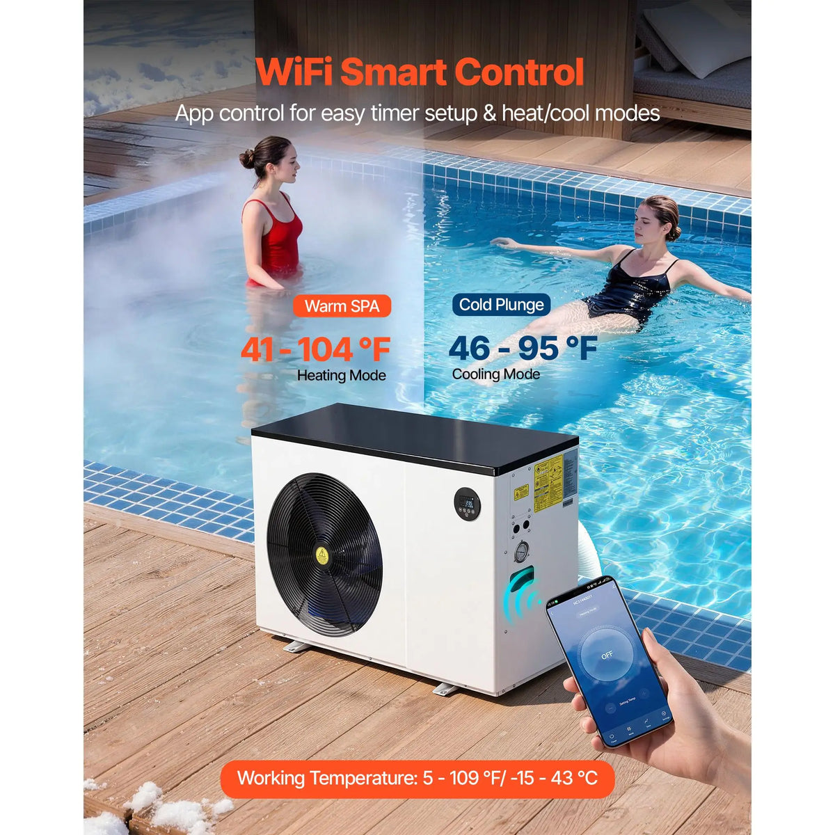 Electric 70730 BTU Pool Heat Pump DC Inverter Technology WiF Above Ground 19812 Gallons Swimming Pool Heater for Hot Tubs