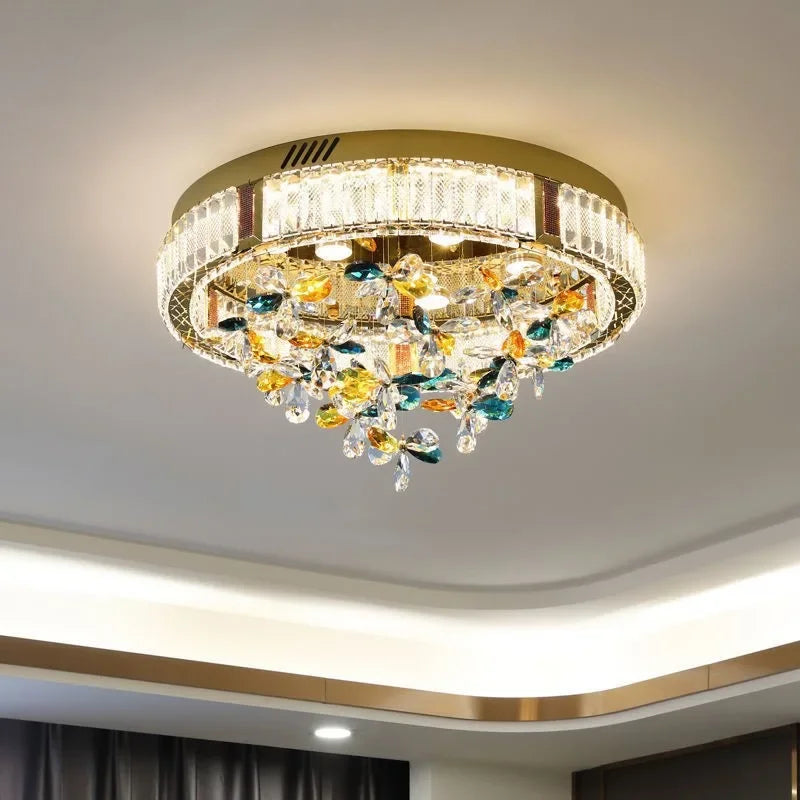 Colorful Luxury Crystal Flower LED Ceiling Lamps for Bedroom, Modern Home Decor, Dining Room Round Lights, Chandeliers Fixtures