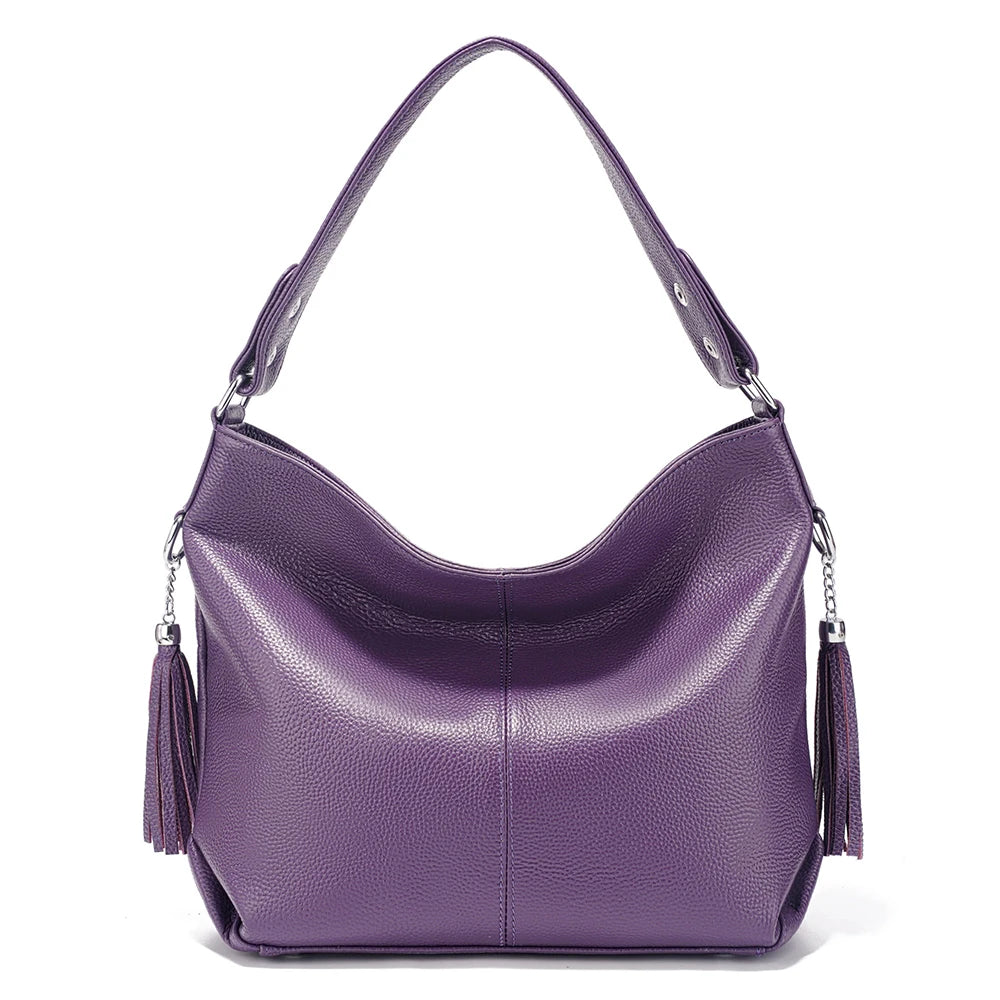 Zency 2026 Nova Moda Bolsa Feminina de Couro Genuíno Macio com Borla Elegante Bolsa Hobo de Ombro para Mulheres Bolsa Transversal Carteira Tiracolo