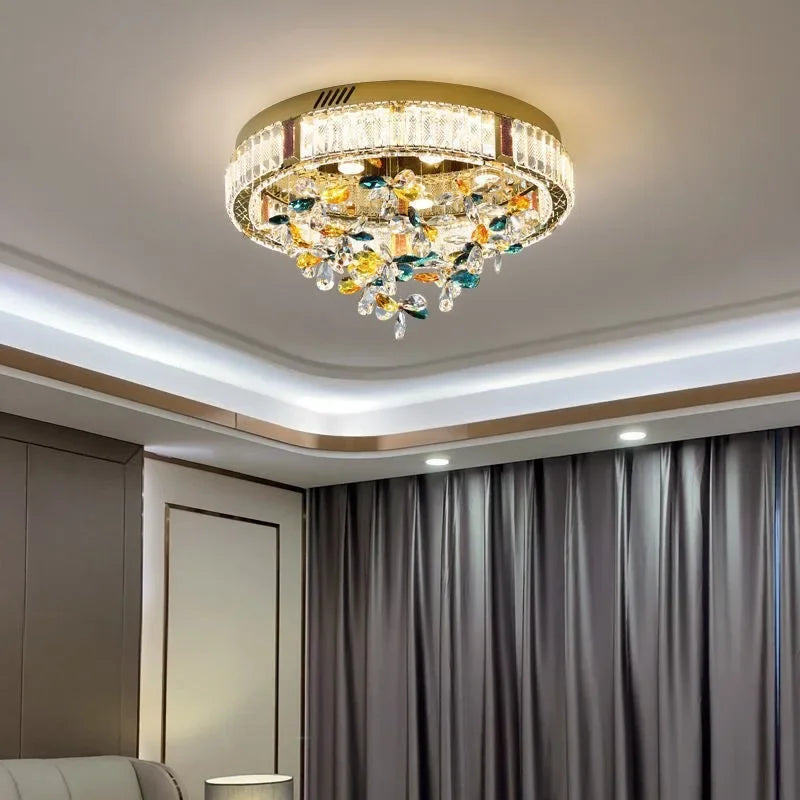 Colorful Luxury Crystal Flower LED Ceiling Lamps for Bedroom, Modern Home Decor, Dining Room Round Lights, Chandeliers Fixtures