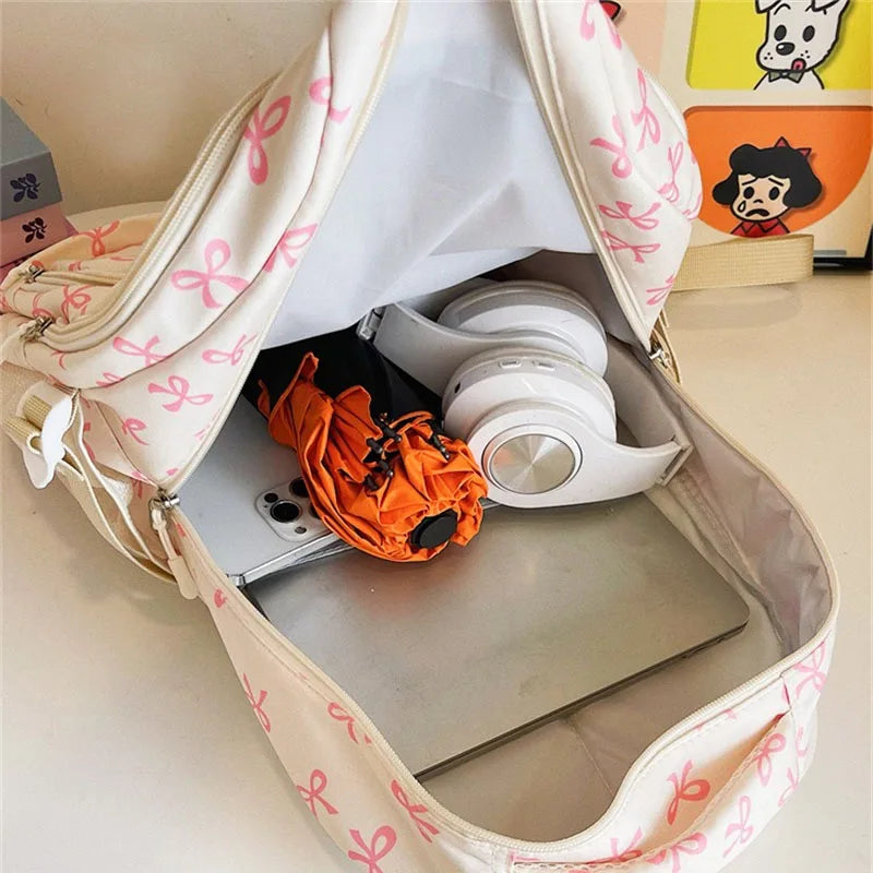 3 pçs conjunto bonito grande capacidade mochila coreano moda arco impressão saco sacos de náilon estudante mochila alça ajustável mochila viagem