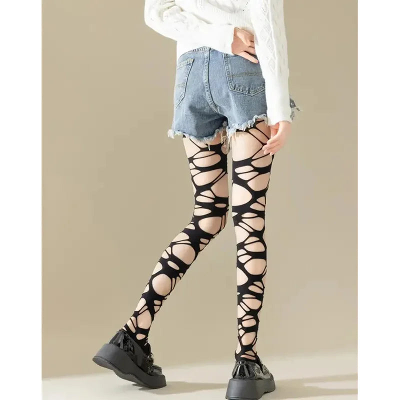 Sexy preto rasgado fishnet collants feminino gótico punk oco para fora malha apertada meias leggings estilo emo egirl streetwear