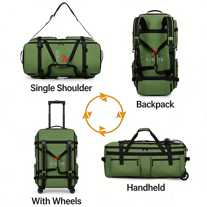 Mochila de Viagem Grande Capacidade 90/110L Dobrável com Rodas e Cinto, Bolsa de Transporte Multifuncional, Mala Resistente ao Desgaste