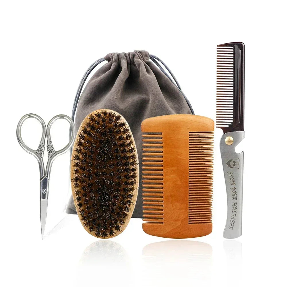 Profissional macio cerdas de javali madeira escova barba cabeleireiro escova de barbear pente masculino bigode pente kit com saco de presente conjunto pente de cabelo