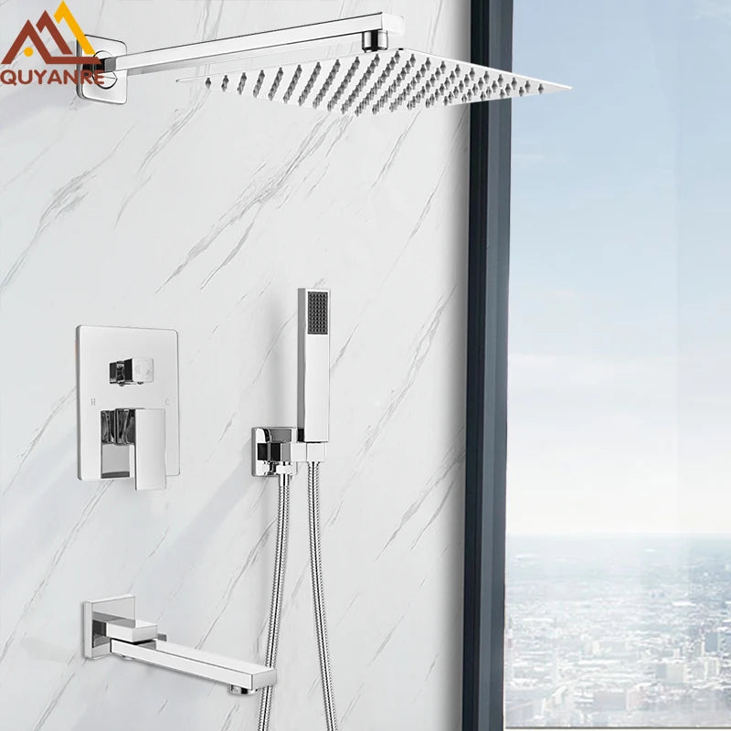 Quyanre Wall Mount Waterfall Shower Faucet Set, Bathroom, Rain, Hidden Chrome, Shower System, Bathtub, Mixer Tap