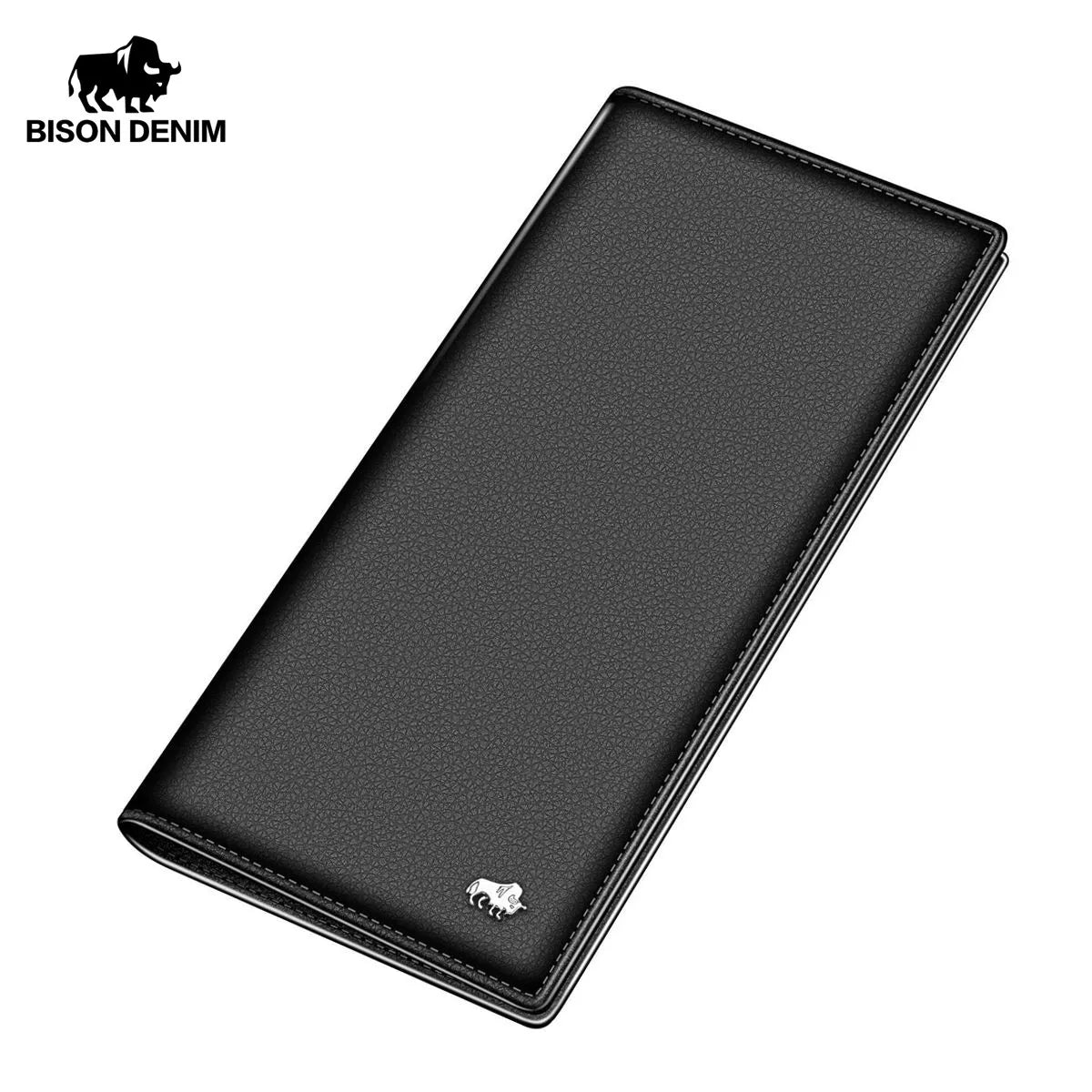 BISON DENIM-Carteira longa de couro genuíno masculina, suporte de cartão fino macio, marca de luxo, bolsa masculina, negócio