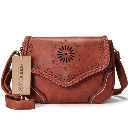 Annmouler marca feminina bolsa de ombro vintage couro do plutônio crossbody saco oco para fora senhoras bolsa marrom retro bolsa para meninas